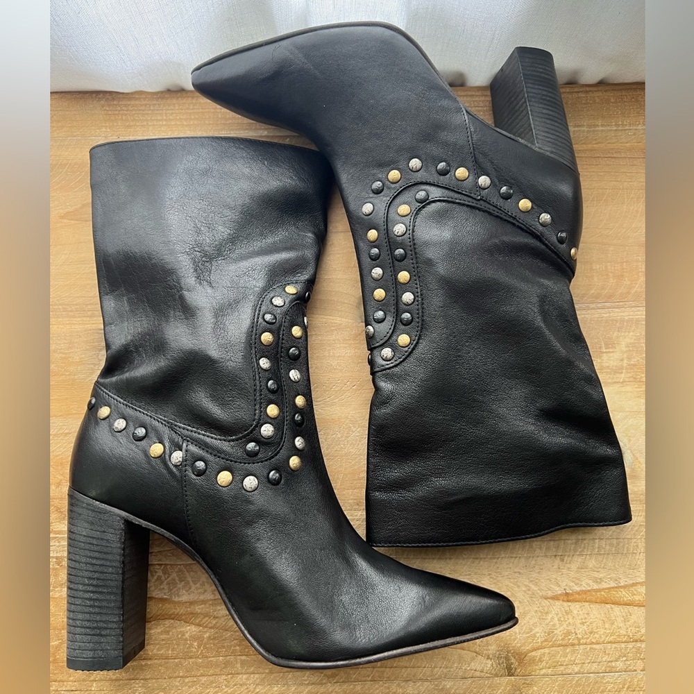 Free People Studded Dakota Heel Leather Boots Black Size 41 New - Picture 5 of 10